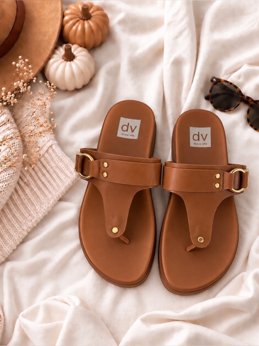 DV by Dolce Vita Tan Leather Toe-Post Slide Sandals with Gold Hardware